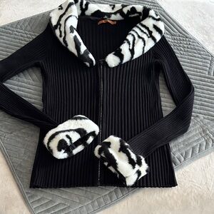 Black and White Faux Fur Trim Sweater